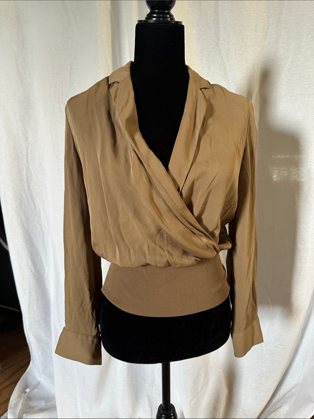 Theory Camel Draped Wrap Blouse